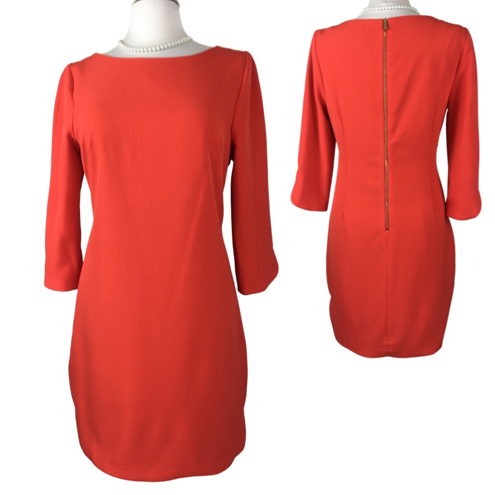Vince Camuto Gorgeous Tomato Orange 3/4 Sleeve Boatneck Shift Midi Dress size 10